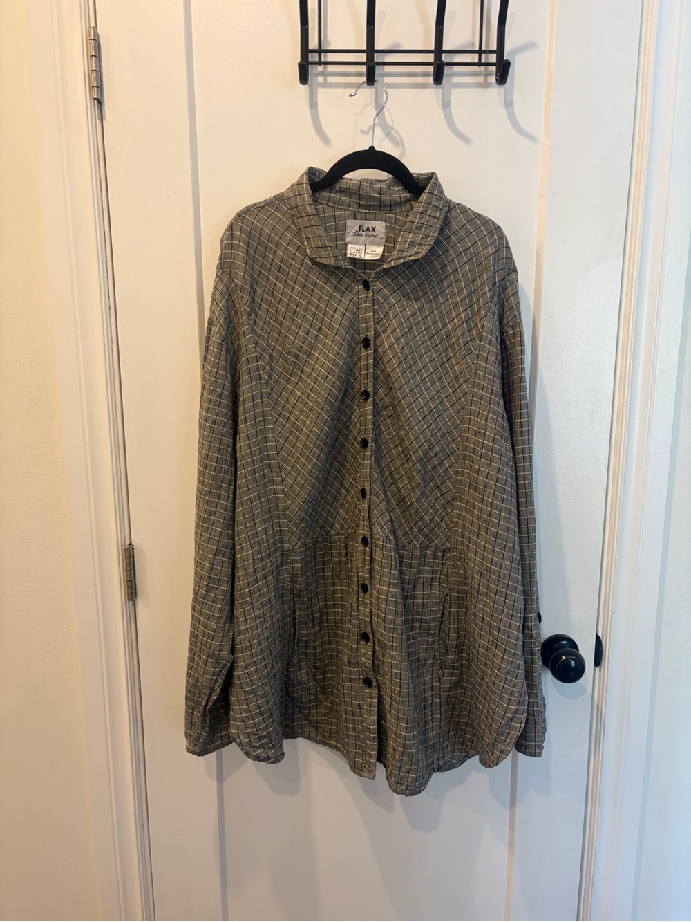 Flax Windowpane Linen Shirt Dress in Gray, black and Cream plaid